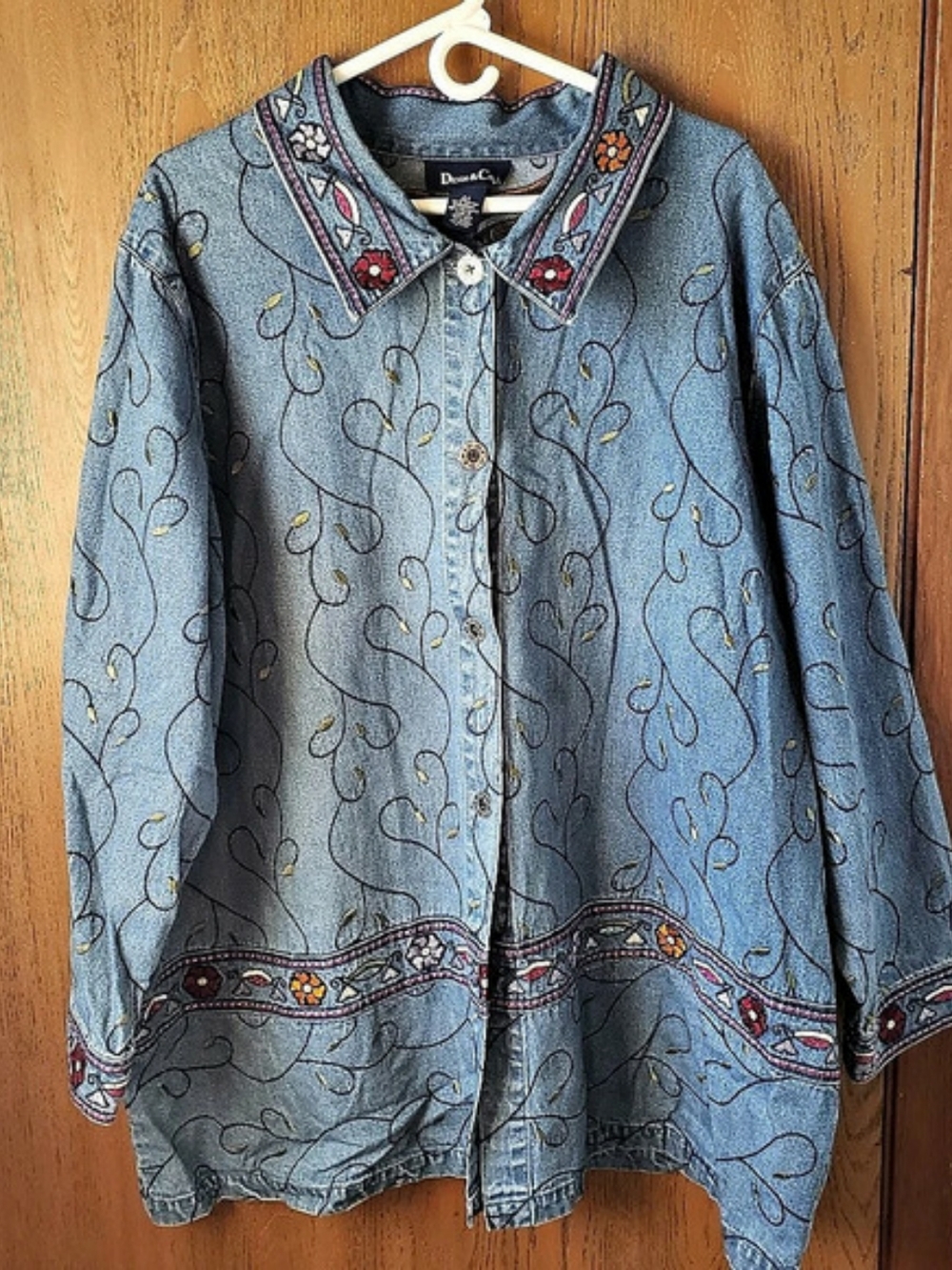 Denim & Co. Embroidered Flowers Denim Jacket Blue 3X